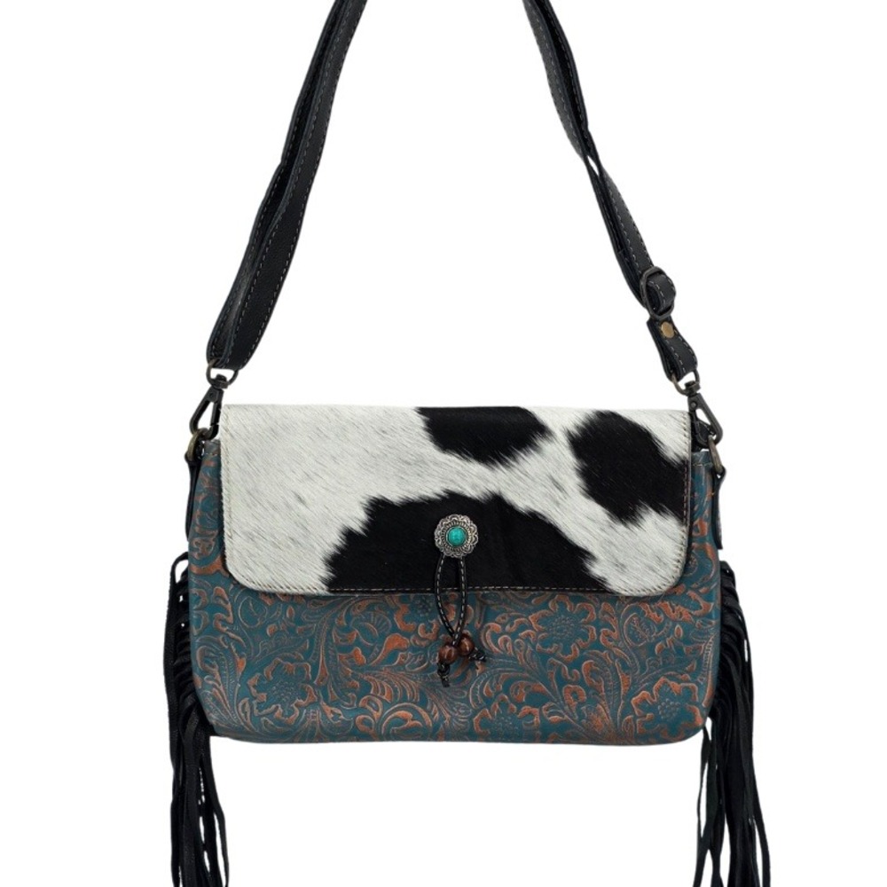 MYRA BAG Rococo Cowhide Tooled Leather Turquoise Fringe Shoulder Crossbody Bag